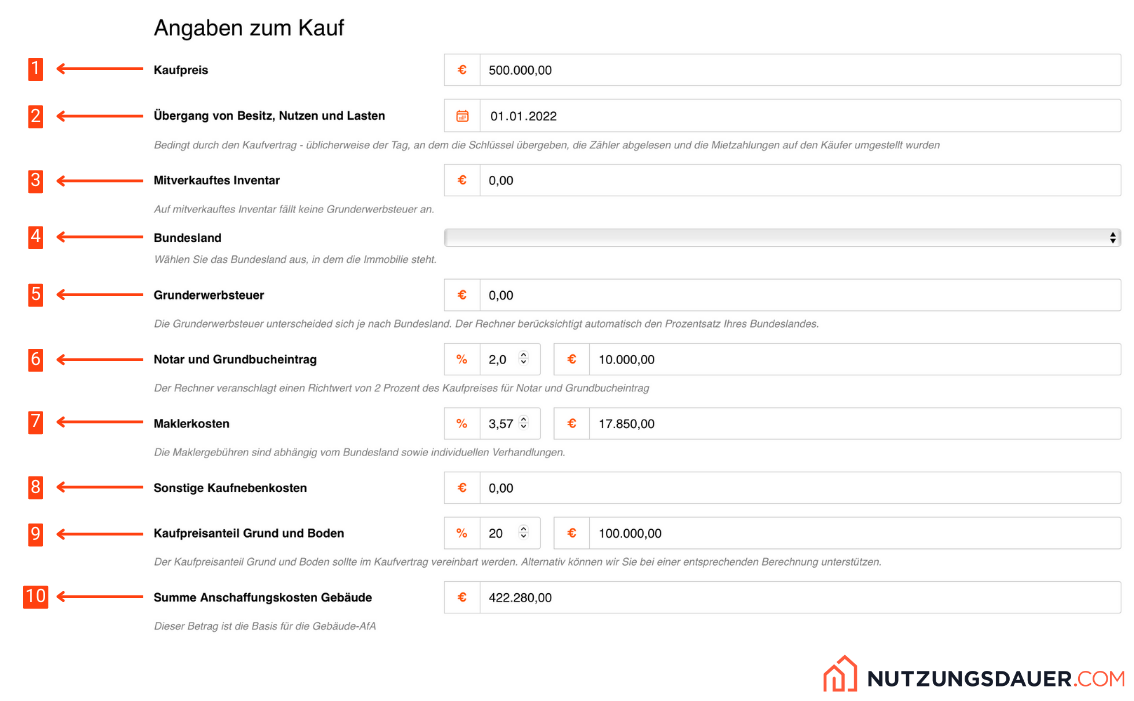 Afs Rechner Immobilien Angaben zum Kauf